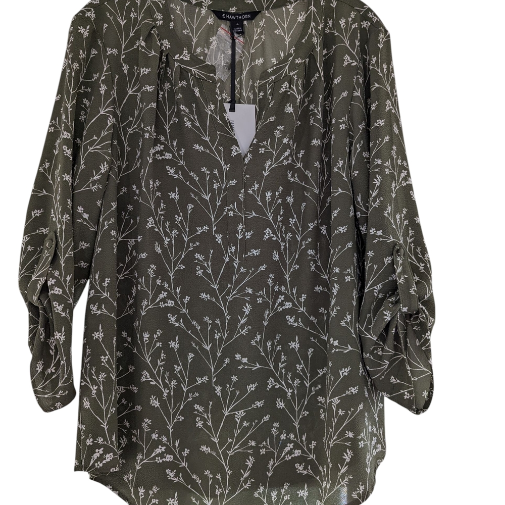 NWT 41 Hawthorn Olive Floral 3/4 Sleeve Women's Blouse